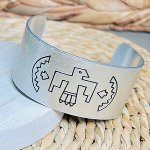 Thunderbird Etched Souvenir Silver Tone Cuff Bracelet, vintage
